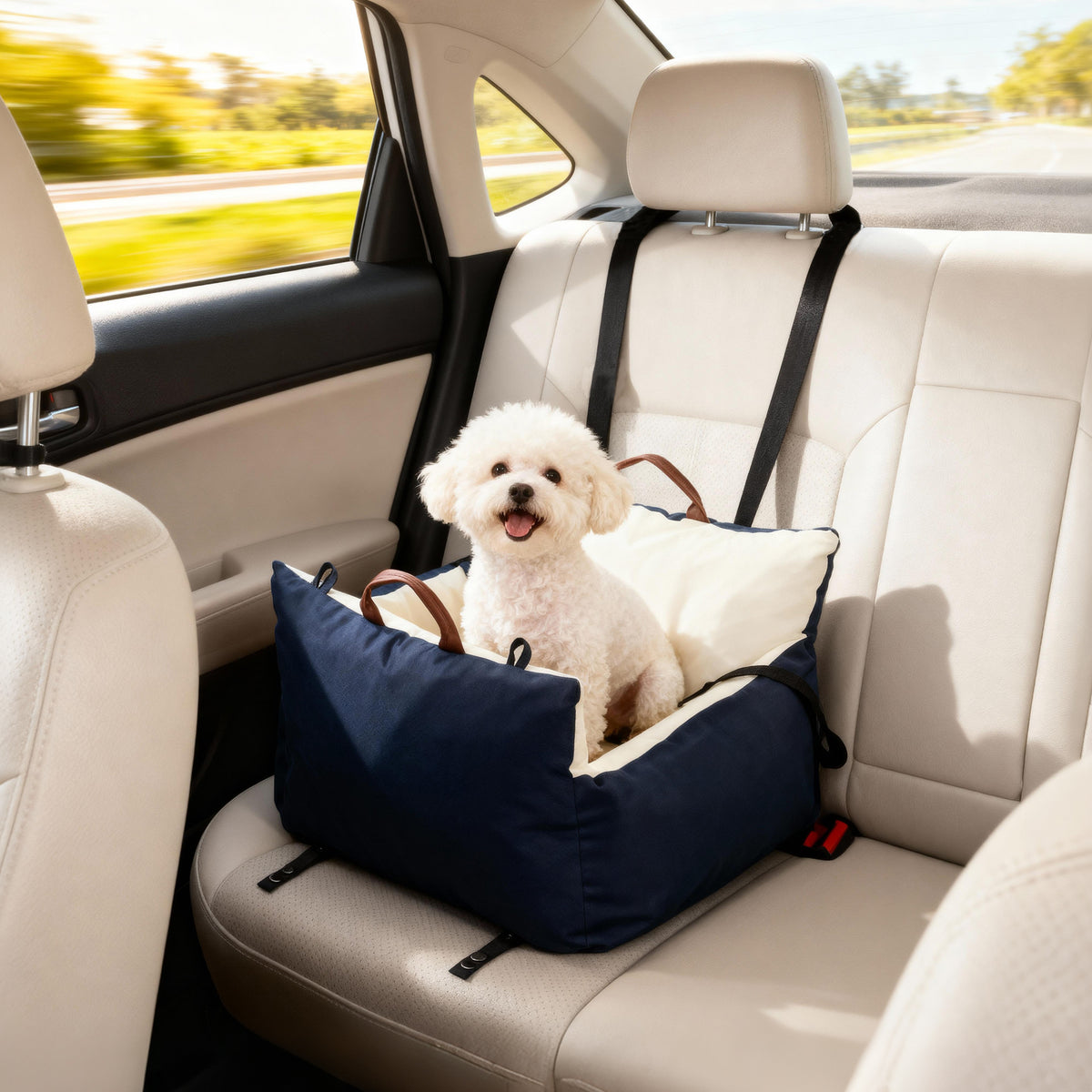 Siège auto pour chien avec ceinture de sécurité et fixation siège de voiture pour chien rembourré 49x53x36cm bleu marine-9