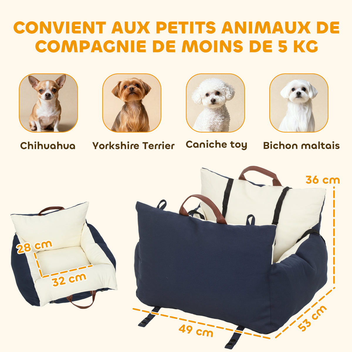 Siège auto pour chien avec ceinture de sécurité et fixation siège de voiture pour chien rembourré 49x53x36cm bleu marine-2